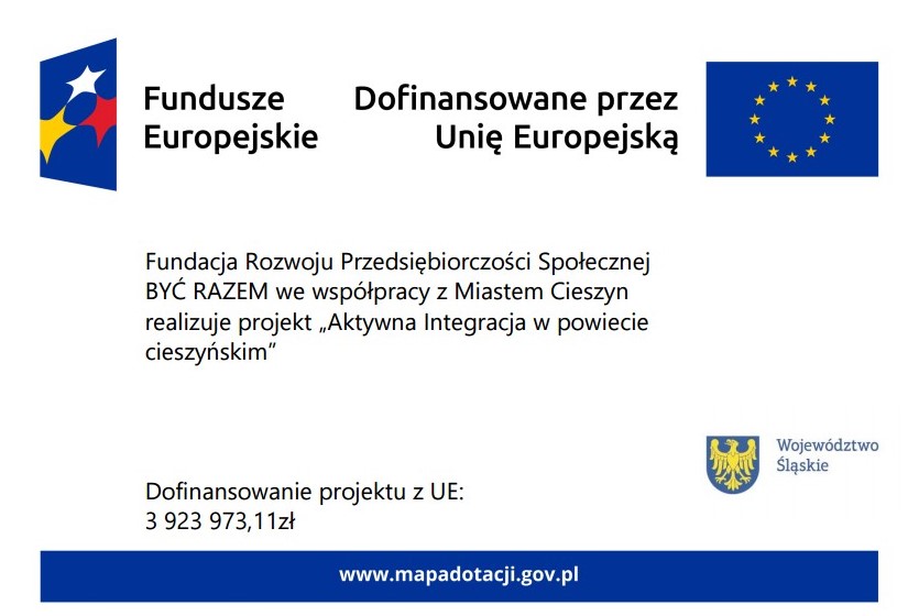 Plakat informujący o dotacji z zestawieniem znaków: Fundusze Europejskie, Unia Europejska, Województwo Śląskie